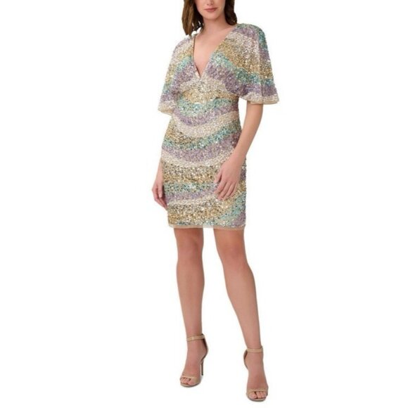 Aidan Mattox Sequin Dress 14 Blue Green Short Sleeve Party Wedding Cruise NEW - Picture 1 of 16